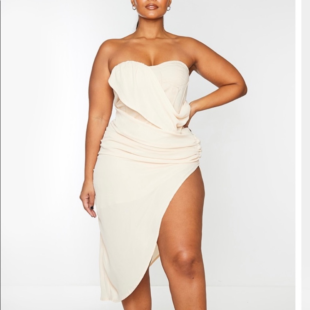 Plus size nude cup detail chiffon drape bodycon dress